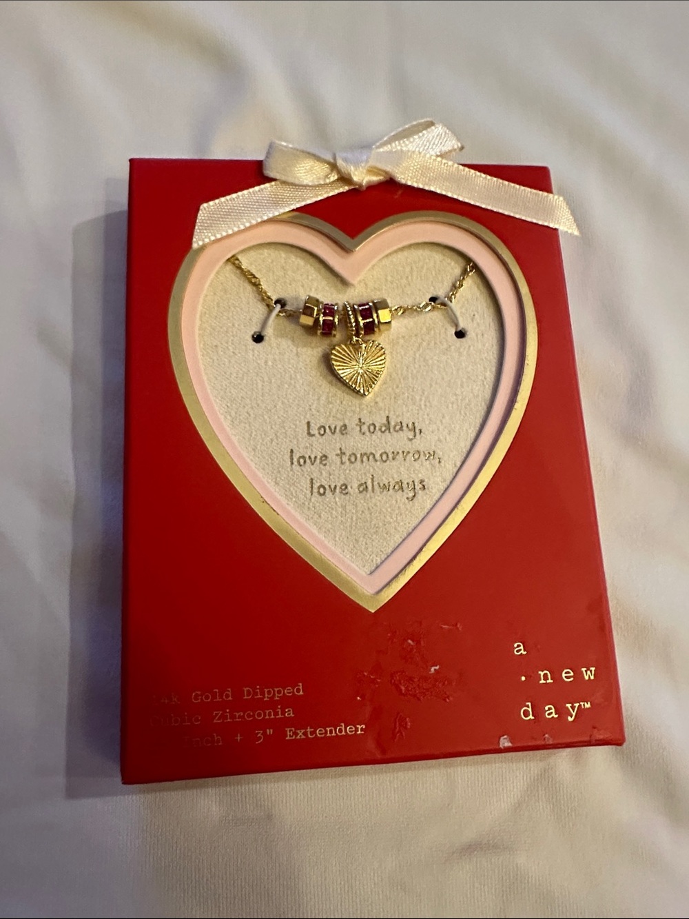a new day Gold Heart Charm Necklace with Red Bead Accents